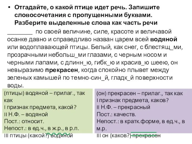 Отгадайте, о какой птице идет речь. Запишите словосочетания с пропущенными