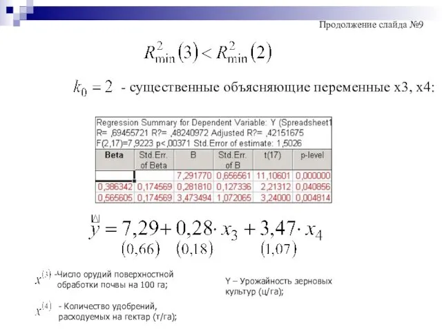 - существенные объясняющие переменные x3, x4: Y – Урожайность зерновых культур (ц/га); Продолжение слайда №9