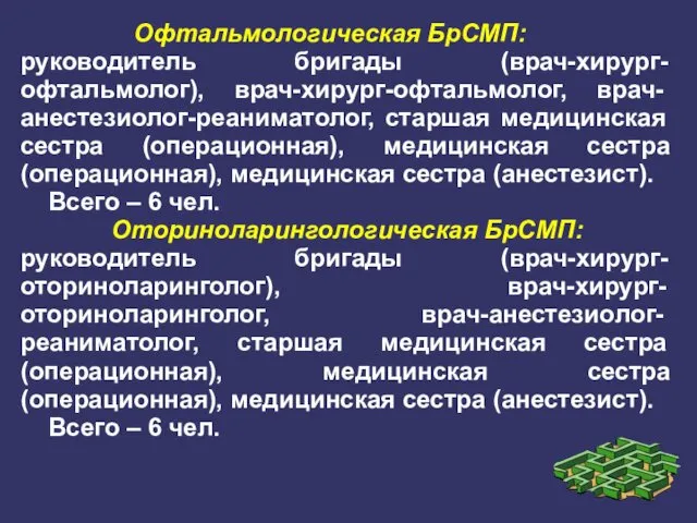 Офтальмологическая БрСМП: руководитель бригады (врач-хирург-офтальмолог), врач-хирург-офтальмолог, врач-анестезиолог-реаниматолог, старшая медицинская сестра