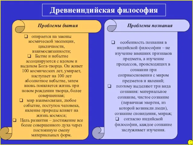 Древнеиндийская философия опирается на законы космической эволюции, цикличности, взаимосвязанности; Бытие