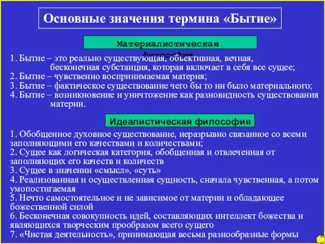 46 Основные значения термина «Бытие» Материалистическая философия 1. Бытие –