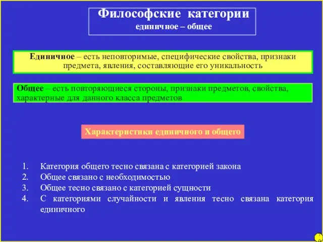 Философские категории единичное – общее Единичное – есть неповторимые, специфические