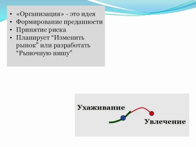 «Организация» - это идея Формирование преданности Принятие риска Планирует “Изменить рынок” или разработать “Рыночную нишу”