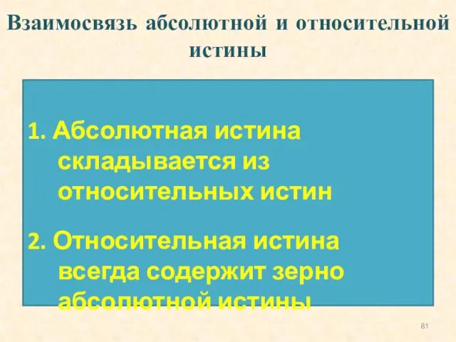 Взаимосвязь абсолютной и относительной истины 1. Абсолютная истина складывается из