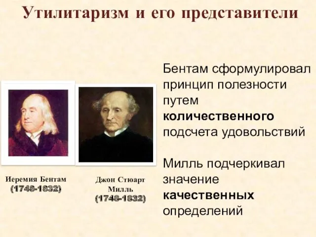 Иеремия Бентам (1748-1832) Джон Стюарт Милль (1748-1832) Бентам сформулировал принцип