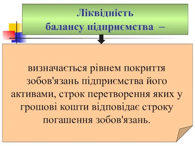 Ліквідність балансу підприємства – визначається рівнем покриття зобов'язань підприємства його