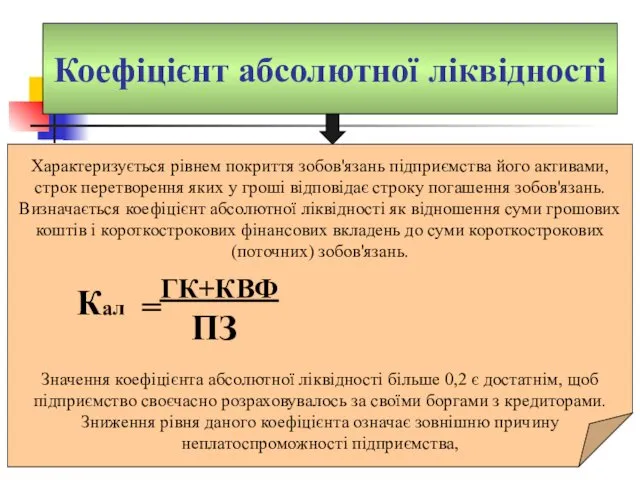 Коефіцієнт абсолютної ліквідності Характеризується рівнем покриття зобов'язань підприємства його активами,