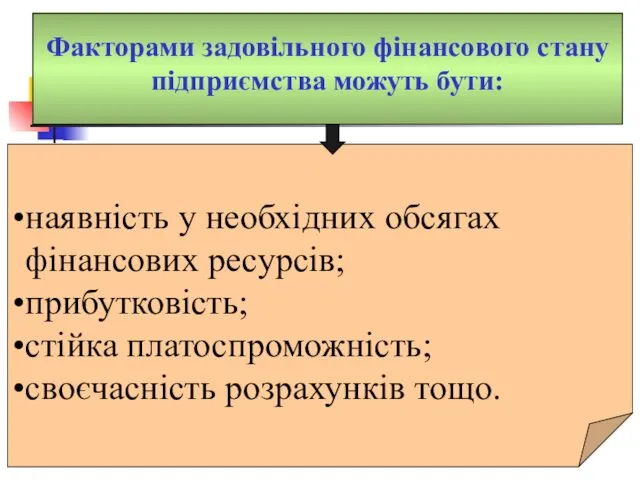 Факторами задовільного фінансового стану підприємства можуть бути: наявність у необхідних