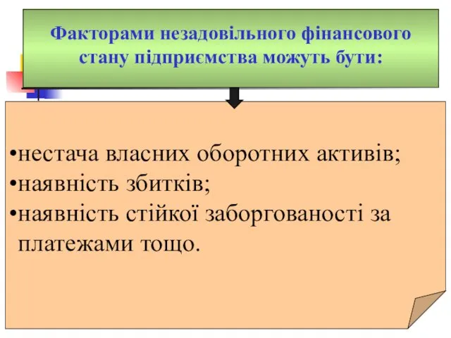 Факторами незадовільного фінансового стану підприємства можуть бути: нестача власних оборотних