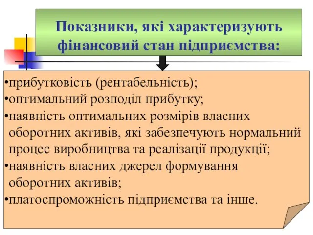 прибутковість (рентабельність); оптимальний розподіл прибутку; наявність оптимальних розмірів власних оборотних