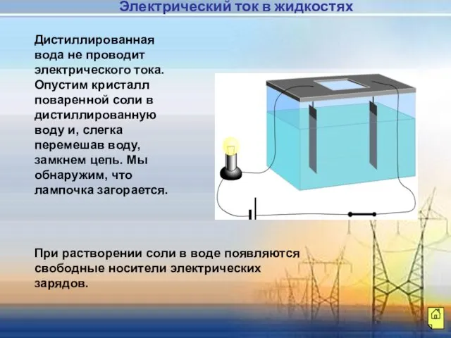 Дистиллированная вода не проводит электрического тока. Опустим кристалл поваренной соли