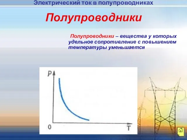 Полупроводники Полупроводники – вещества у которых удельное сопротивление с повышением температуры уменьшается Электрический ток в полупроводниках