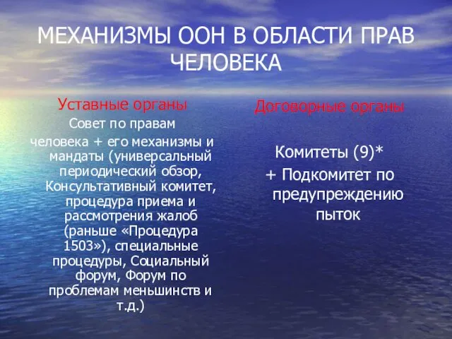 МЕХАНИЗМЫ ООН В ОБЛАСТИ ПРАВ ЧЕЛОВЕКА Уставные органы Совет по