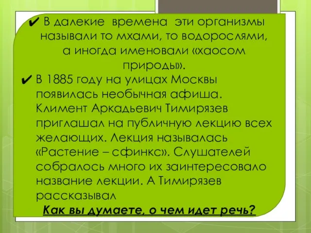 В далекие времена эти организмы называли то мхами, то водорослями, а иногда именовали