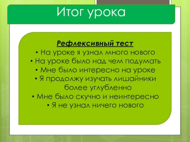 Итог урока Рефлексивный тест На уроке я узнал много нового На уроке было