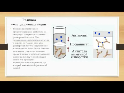 Реакция кольцепреципитации. Реакцию проводят в узких преципитационных пробирках: на иммунную сыворотку наслаивают растворимый