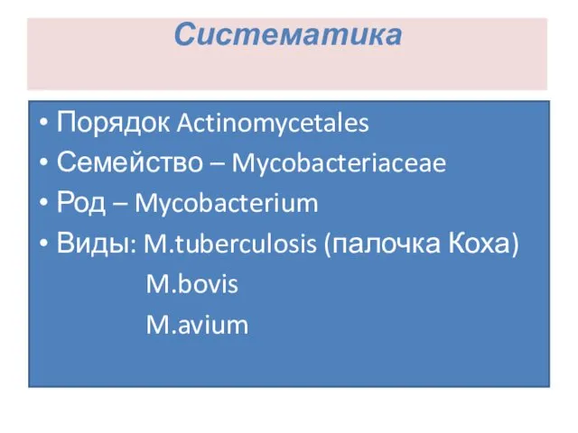 Систематика Порядок Actinomycetales Семейство – Mycobacteriaceae Род – Mycobacterium Виды: M.tuberculosis (палочка Коха) M.bovis M.avium