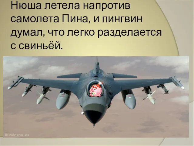 Нюша летела напротив самолета Пина, и пингвин думал, что легко разделается с свиньёй.