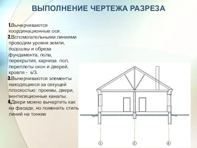 ВЫПОЛНЕНИЕ ЧЕРТЕЖА РАЗРЕЗА Вычерчиваются координационные оси. Вспомогательными линиями проводим уровни