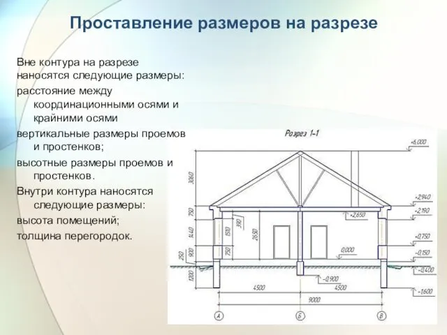 Проставление размеров на разрезе Вне контура на разрезе наносятся следующие