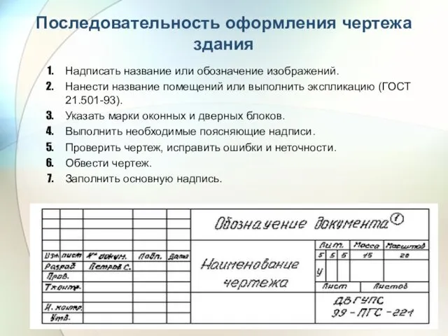 Последовательность оформления чертежа здания Надписать название или обозначение изображений. Нанести