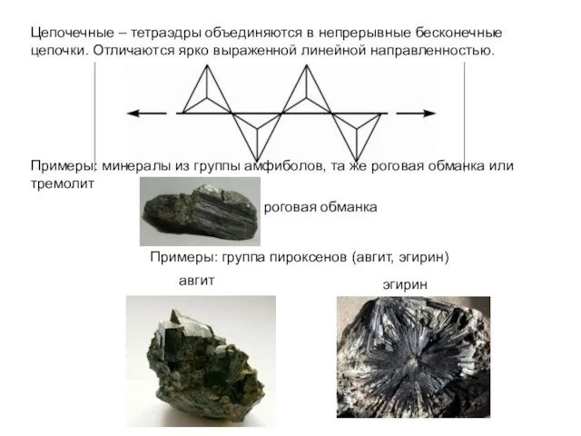 Цепочечные – тетраэдры объединяются в непрерывные бесконечные цепочки. Отличаются ярко