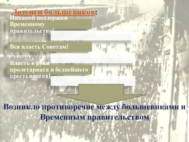 Лозунги большевиков: Никакой поддержки Временному правительству! Вся власть Советам! Власть в руки пролетариата