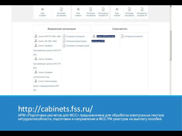 http://cabinets.fss.ru/ АРМ «Подготовка расчетов для ФСС» предназначена для обработки электронных