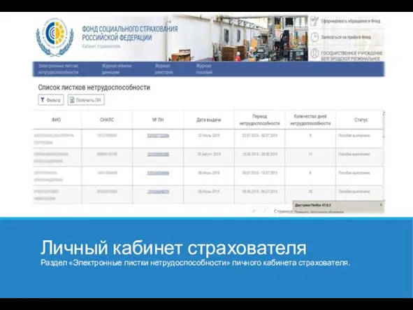 Личный кабинет страхователя Раздел «Электронные листки нетрудоспособности» личного кабинета страхователя.