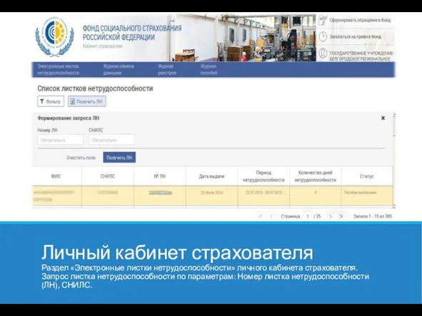 Личный кабинет страхователя Раздел «Электронные листки нетрудоспособности» личного кабинета страхователя.