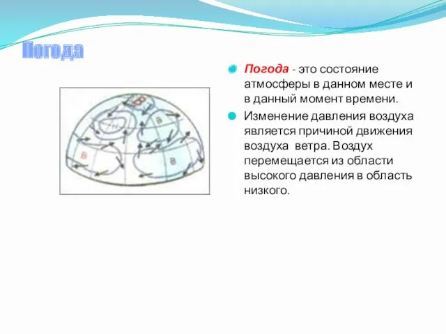 Погода Погода - это состояние атмосферы в данном месте и