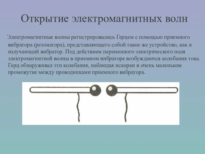 Электромагнитные волны регистрировались Герцем с помощью приемного вибратора (резонатора), представляющего