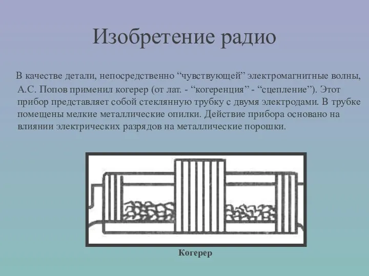 В качестве детали, непосредственно “чувствующей” электромагнитные волны, А.С. Попов применил