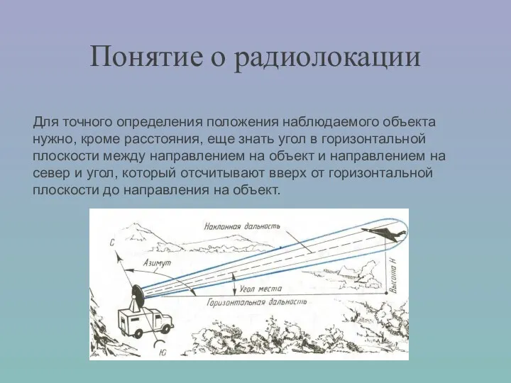 Понятие о радиолокации Для точного определения положения наблюдаемого объекта нужно,