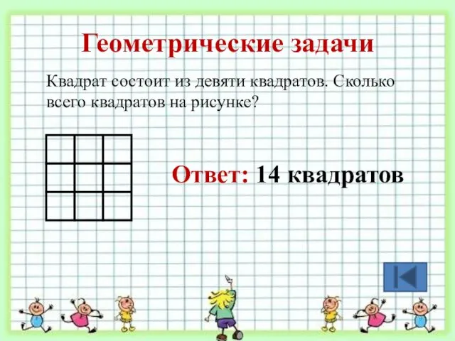 Геометрические задачи Квадрат состоит из девяти квадратов. Сколько всего квадратов на рисунке? Ответ: 14 квадратов