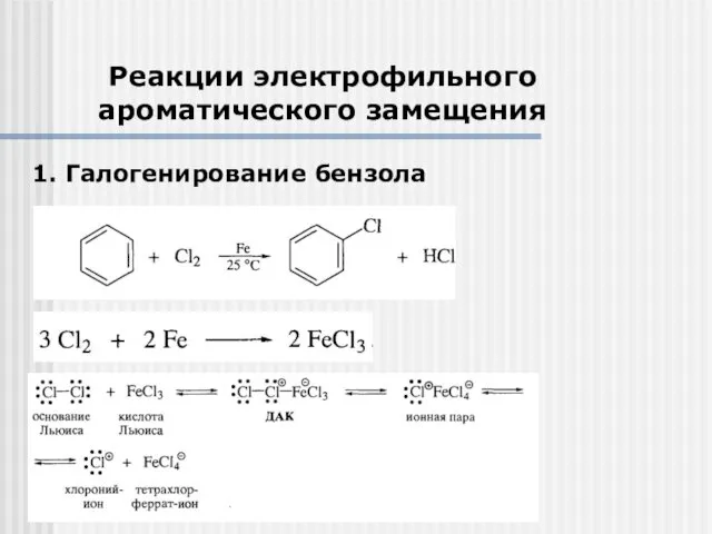Реакции электрофильного ароматического замещения 1. Галогенирование бензола