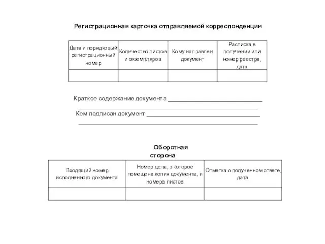 Регистрационная карточка отправляемой корреспонденции Краткое содержание документа ______________________________ _________________________________________________________ Кем подписан документ ____________________________________ _________________________________________________________ Оборотная сторона