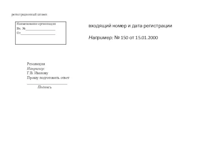 регистрационный штамп: входящий номер и дата регистрации Например: № 150