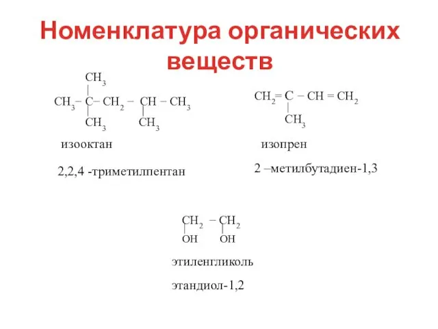 Номенклатура органических веществ 2,2,4 -триметилпентан 2 –метилбутадиен-1,3 этандиол-1,2
