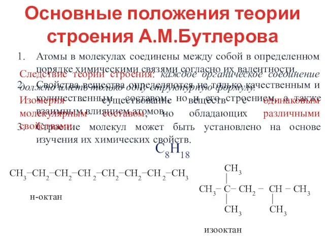 Основные положения теории строения А.М.Бутлерова Атомы в молекулах соединены между собой в определенном