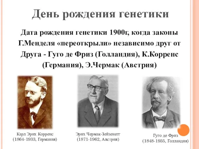 Дата рождения генетики 1900г, когда законы Г.Менделя «переоткрыли» независимо друг