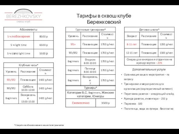 Тарифы в сквош клубе Бережковский *Следите за обновлениями в наших