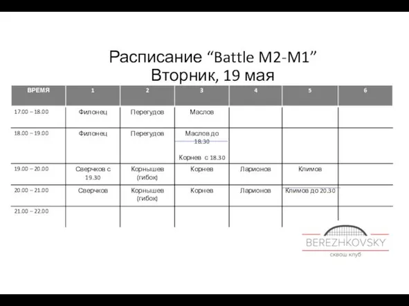 Расписание “Battle M2-M1” Вторник, 19 мая