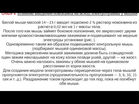 Опыт 4. Влияние введения новокаина на исход электротравмы у мышей Белой мыши массой