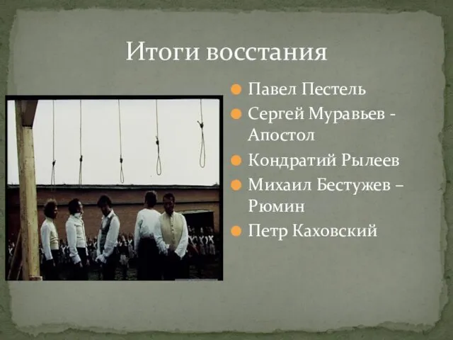 Итоги восстания Павел Пестель Сергей Муравьев -Апостол Кондратий Рылеев Михаил Бестужев – Рюмин Петр Каховский