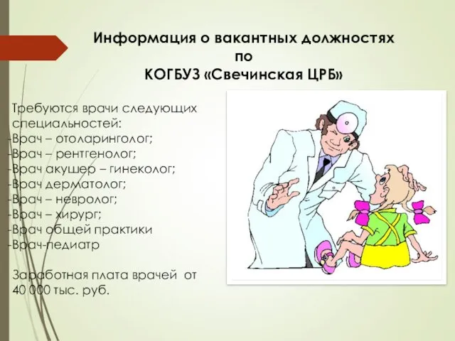 Информация о вакантных должностях по КОГБУЗ «Свечинская ЦРБ» Требуются врачи следующих специальностей: Врач