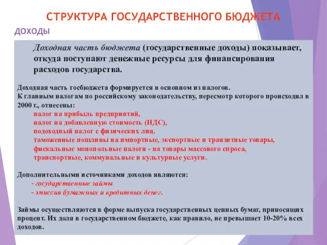 СТРУКТУРА ГОСУДАРСТВЕННОГО БЮДЖЕТА Доходная часть бюджета (государственные доходы) показывает, откуда