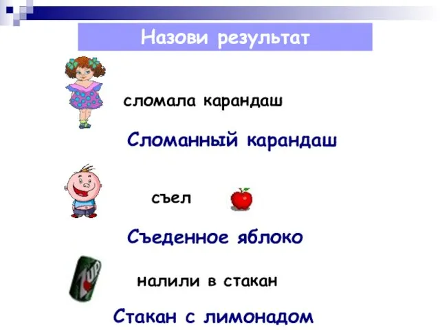 Назови результат сломала карандаш Сломанный карандаш съел Съеденное яблоко налили в стакан Стакан с лимонадом