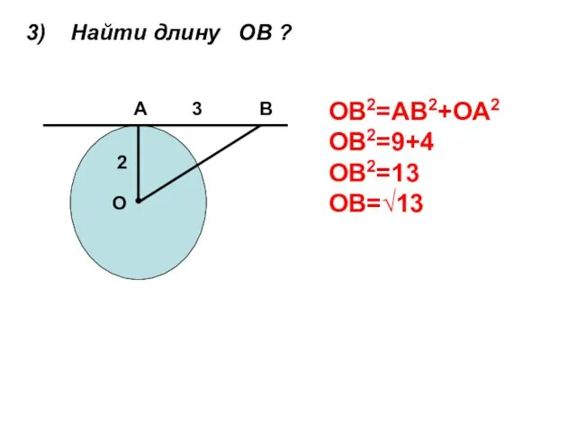 ● О А В 2 3 3) Найти длину ОВ ? ОВ2=АВ2+ОА2 ОВ2=9+4 ОВ2=13 ОВ=√13