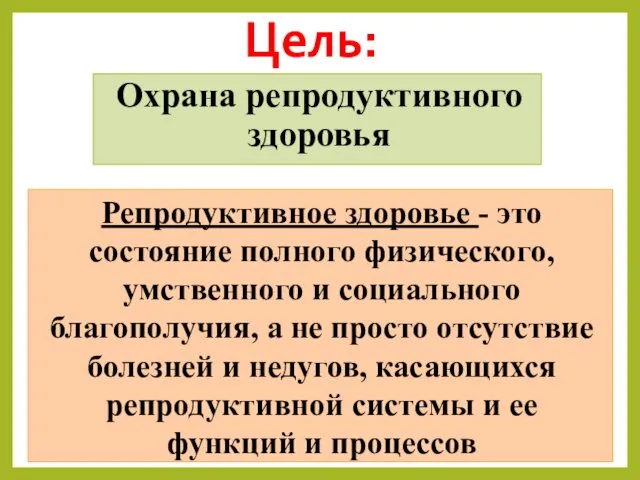 Цель: Охрана репродуктивного здоровья Репродуктивное здоровье - это состояние полного